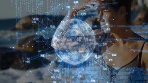 Woman Engaging with Augmented Reality Concepts at Beach