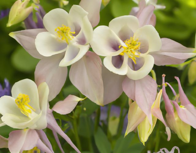 Close up of columbine flowers over leaves created using generative ai technology. Nature and harmony concept, digitally generated image.