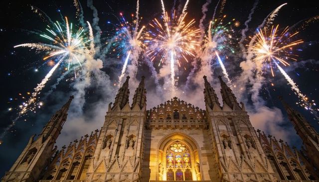 Fireworks illuminating historic gothic cathedral facade at night with stained glass glow and spires