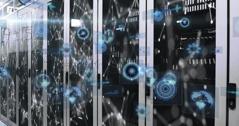 Digital Interface Overlaying Server Room for Global Data Processing - Download Free Stock Images Pikwizard.com