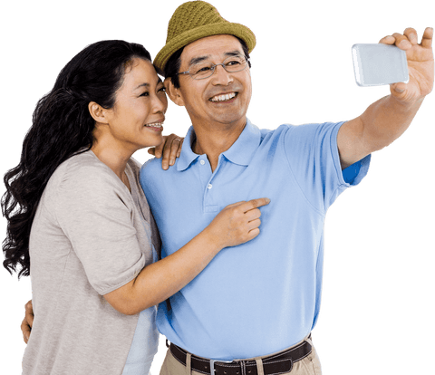 Happy couple taking selfie with smartphone in transparent background