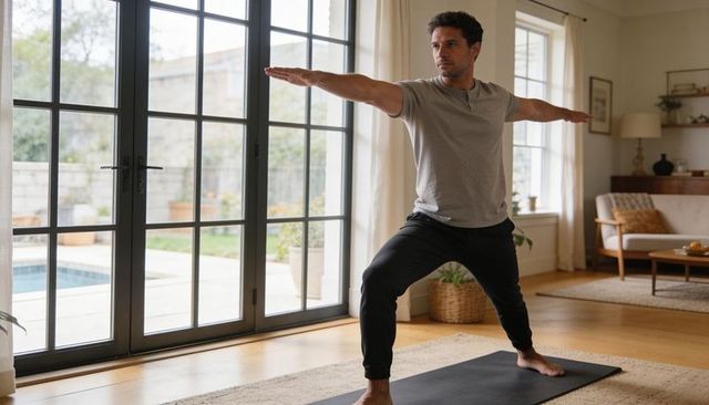 Man practicing warrior ii yoga pose near glass doors in sunlit minimalist living room