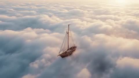 Sailing Boat Ethereally Gliding Across Golden Clouds