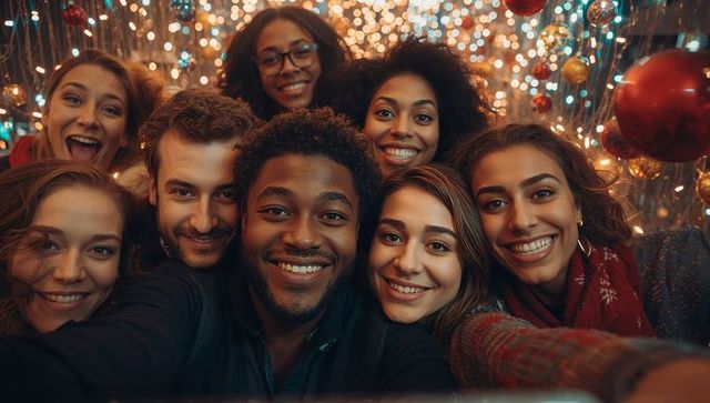 Festive Friends Gathering Smiling Joyfully For Selfie In Celebration
