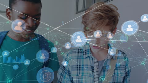 Diverse Students Engaging with Digital Communication Network Overlay