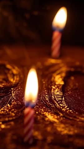 Vertical video showing flickering birthday candle casting warm glow on chocolate frosting