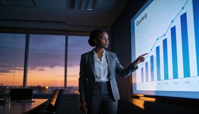 Corporate businesswoman pointing at quarterly growth chart on screen in boardroom dusk