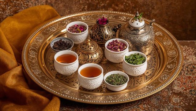 Serving middle eastern brass tea tray with ornate teapot, white cups and assorted herbs