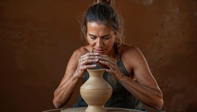 Woman potter shaping and refining wheel-thrown vase focusing on detail and texture