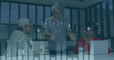 Team Analyzing Financial Data with Futuristic Holograms