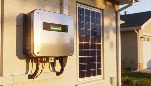 Displaying rooftop solar inverter with green status lights and adjacent photovoltaic panel