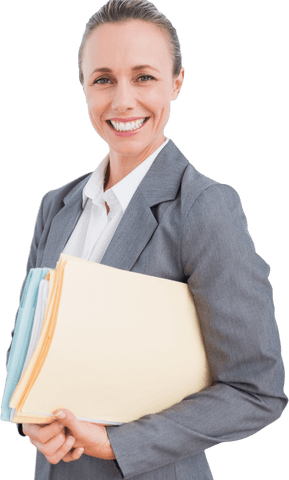 Businesswoman Holding Files Smiling; Transparent Business Background