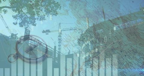 Construction site with digital interface overlay and compass