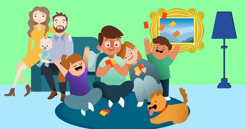 Happy family spending time together with pet dog