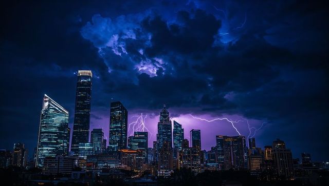Lightning Striking Over Neon City Skyline During Stormy Night