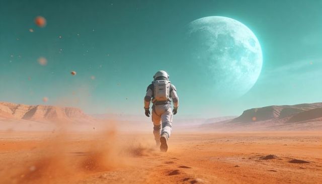 Walking astronaut across red desert raising dust toward giant moon over alien horizon