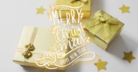 Festive Christmas Greeting on Golden Gift Boxes