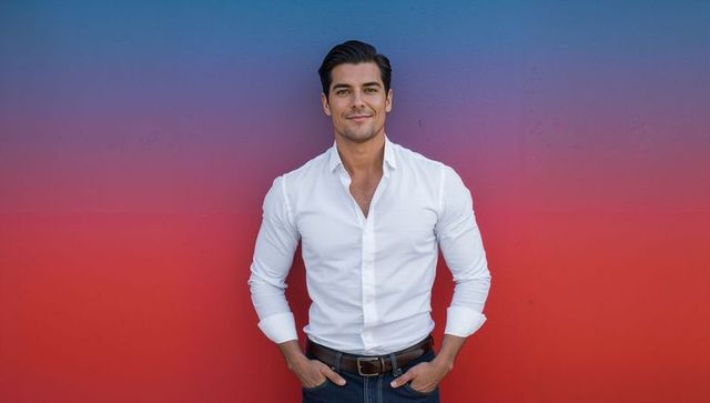 Confident young man standing against vibrant red-blue gradient wall wearing white shirt, smiling