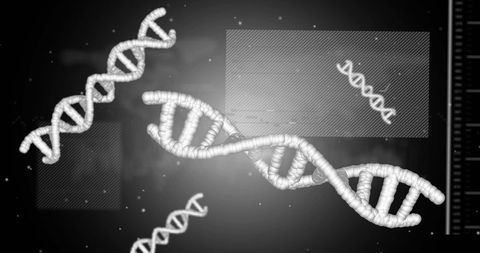 Displaying large 3d dna double helix on holographic laboratory dashboard with ui elements
