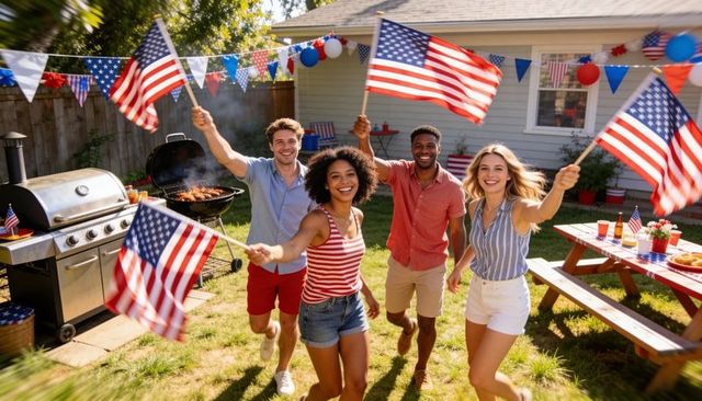 Fourth of july backyard bbq friends waving american flags celebrating summer