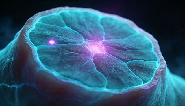 Neon glowing organoid cross-section with central magenta node and cyan filaments