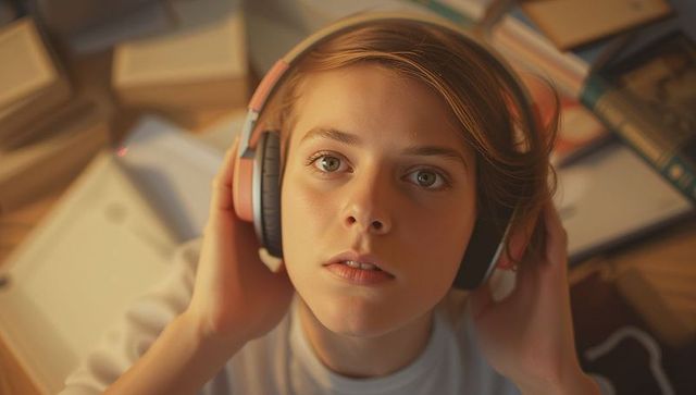 Teen Student Concentrated with Headphones in Study Environment