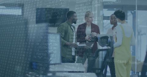 Team collaboration in modern office with technical interface overlay