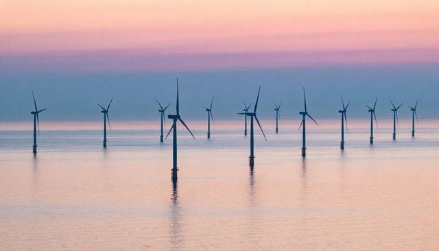 Pastel Dawn Offshore Wind Farm Reflecting on Calm Sea, Renewable Energy and Sustainability