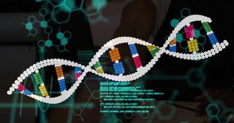Ghostly digital manipulation in hi-tech biotech lab with dna elements