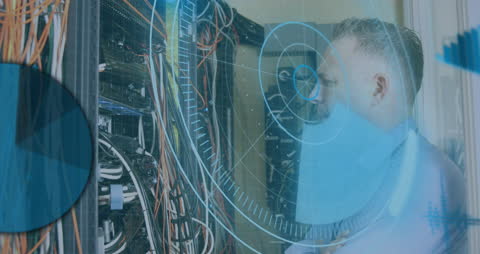 Technician Examining Network Servers with Digital Interface Overlay