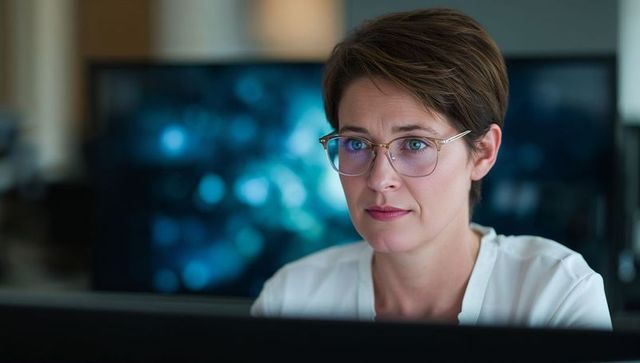 Focused Woman in Minimalist Office With Blue Bokeh Display