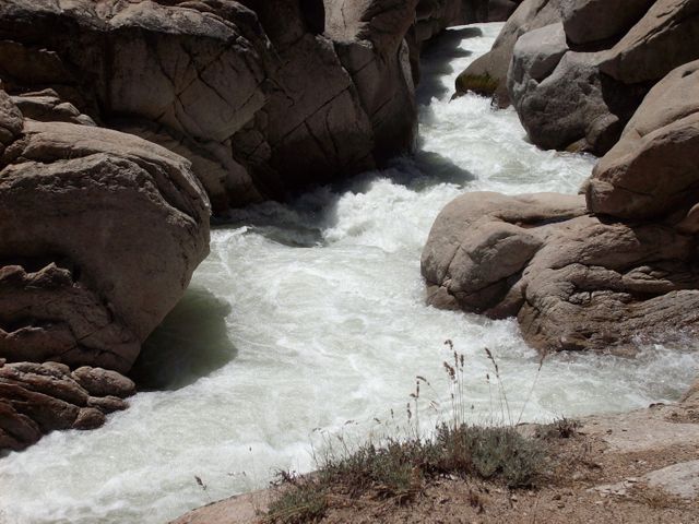 The rushing river flows swiftly through a rugged rocky canyon, creating white water among the stones. This dynamic scene showcases the power of nature and the beauty of untouched wilderness. Ideal for use in nature documentaries, environmental blogs, travel magazines, and adventure-themed promotions.