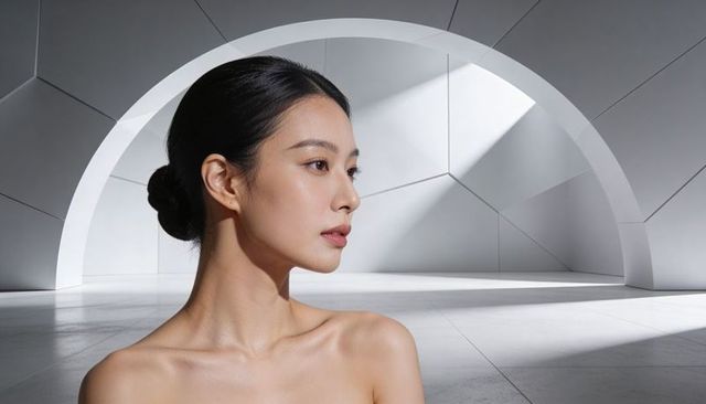 Minimalist asian woman portrait showing bare shoulders beside geometric arch