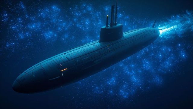 Futuristic submarine spaceship gliding through cosmic nebula with glowing aft plume