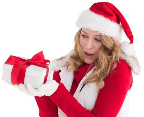Excited Woman in Santa Hat Holding Christmas Gift Box Transparent