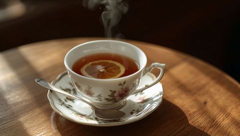 Vintage floral china teacup releasing steam with lemon slice on warm wooden table