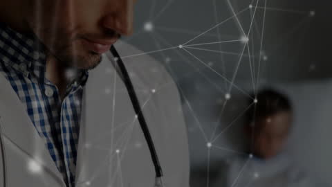Doctor Analyzing Data with Network Connections Overlay