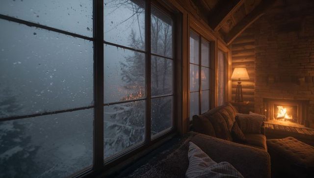 Embracing winter cozy cabin interior with fireplace, frosted window and snowy forest view