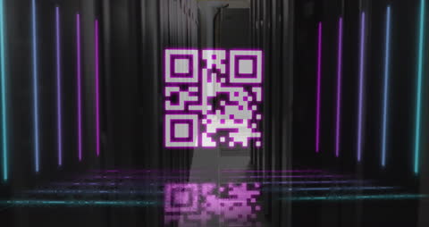 Depicts a glowing QR code hovering over rows of dimly lit servers within a data center. This represents the merging of digital technology and data communication in a futuristic setting. Suitable for use in technology blogs, digital marketing materials, tech company banners, and network communication promotions.