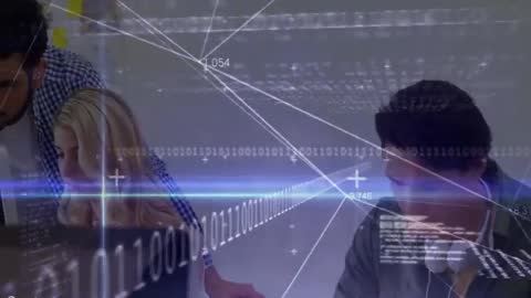 Team Collaborating on Code with High-Tech Binary Overlay