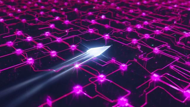 Gliding neon arrow craft streaking across futuristic data grid with magenta nodes
