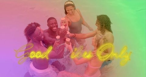 Friends toasting in pool with neon good vibes only text — summer party vibrant gradient