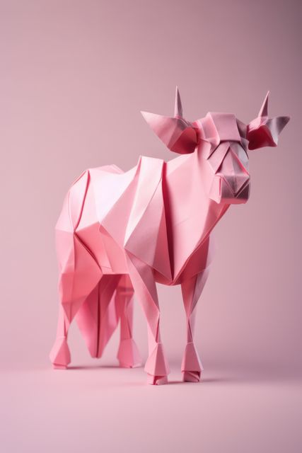 Close up of origami figure of bull on pink background, created using generative ai technology. Origami, art and japanese tradition concept digitally generated image.