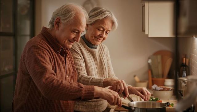 Senior couple cooking together in warm kitchen chopping vegetables and stirring pot