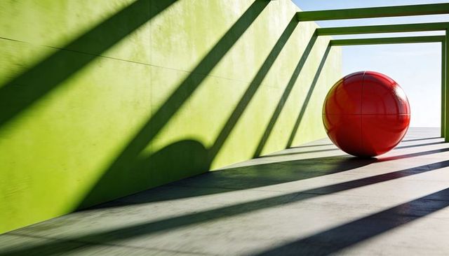 Minimalist red glossy sphere resting in sunlit concrete corridor with lime green wall