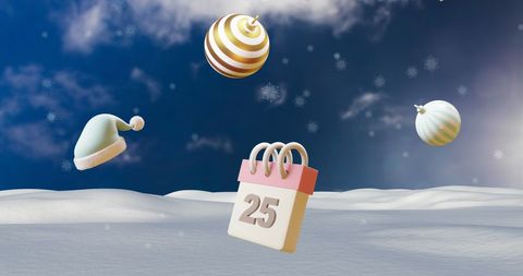 Whimsical 3D Christmas Calendar with Ornaments in Snowy Sky
