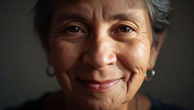 Smiling hispanic senior woman embracing natural wrinkles and warm expression, closeup