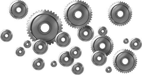 Transparent background silver metallic gears mechanism design