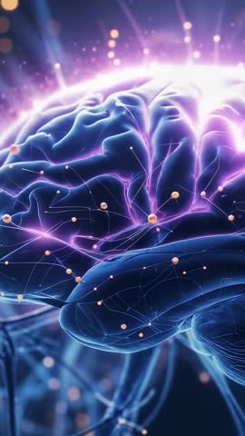 3D Brain Lighting Neural Networks with Pulsing Gold Nodes, Vertical Sci-Tech Visualization