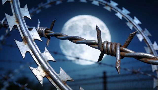Rusted barbed wire and razor coil silhouetted against full moon night sky for security